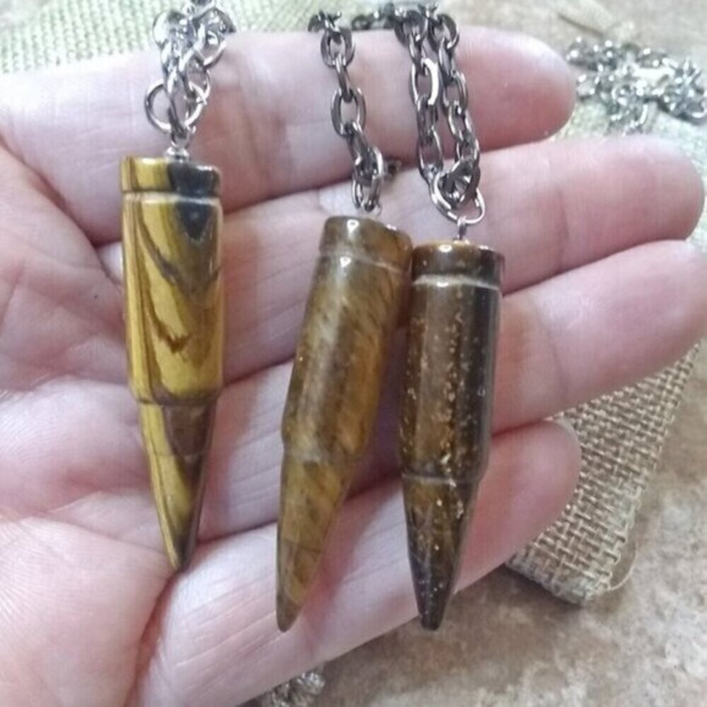 Real TigersEye Bullet + 24" Chain - Rugged Men's Necklace - Courage + Protection - Picture 13 of 14